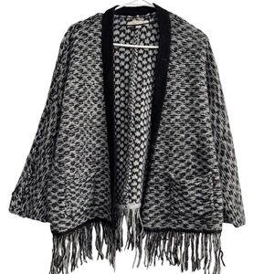 Ann Taylor LOFT Italian Yarn Gray Black Wool Open Cardigan Sweater Fringe Size M